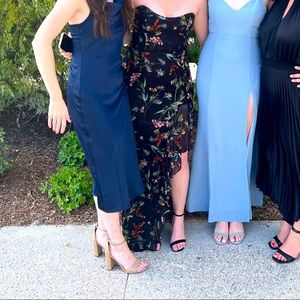 Strapless, long, black/floral dress with high slit on left leg